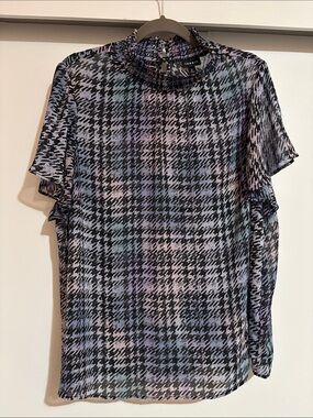 torrid Sheer Ruffle-Neck Blouse in Black with Lavender & Pale Blue Print